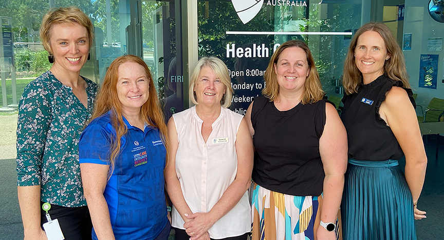 Photograph of CQ Health staff members standing outside CQ Health’s Health Clinic at CQUniversity.