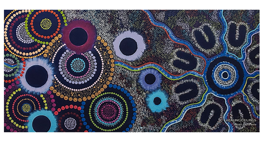 A close-up of the First Nations artwork shows a dot-style design with multicoloured circular patterns.