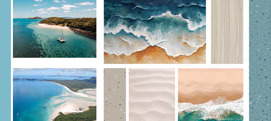 A collage of light blue tropical images and colours inspired by the Rockhampton area's coastline.