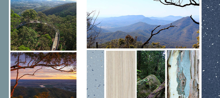 A collage of earthy blue images and colours inspired by the Rockhampton area's mountains.