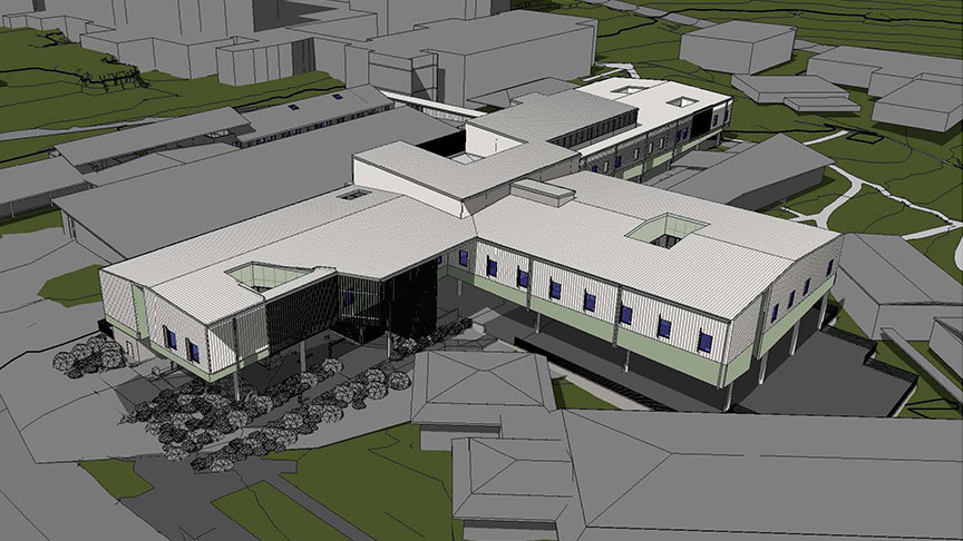 A 3D wireframe render of the new Mental Health Unit shows a long raised single storey building.