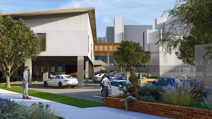 Computer generated image showing the possible design for the Rockhampton Mental Health Unit expansion. Building with parking space underneath, and garden area.