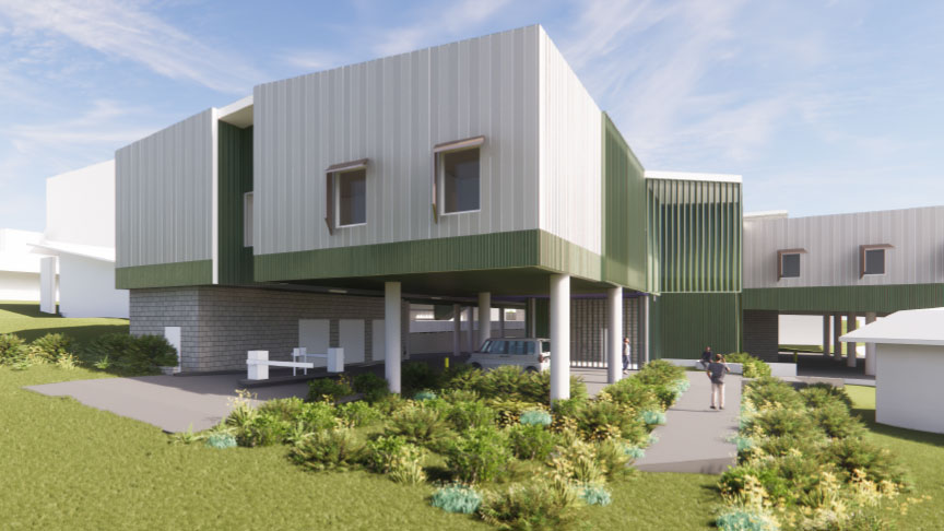 Computer generated image showing the possible front exterior design for the Rockhampton Mental Health Unit expansion. Building with parking space underneath, and garden areas.