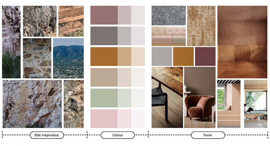 The surrounding sites' geology and pedology, including Mount Archer and Capricorn Caves, inspire the Mountain Palette. The tones include dark greys from the igneous materials along with a range of warm neutral tones, including pale and deep browns of the earth.