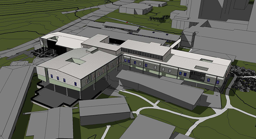 Concept modelling, view from the side of the building for the new adult mental health expansion project. 